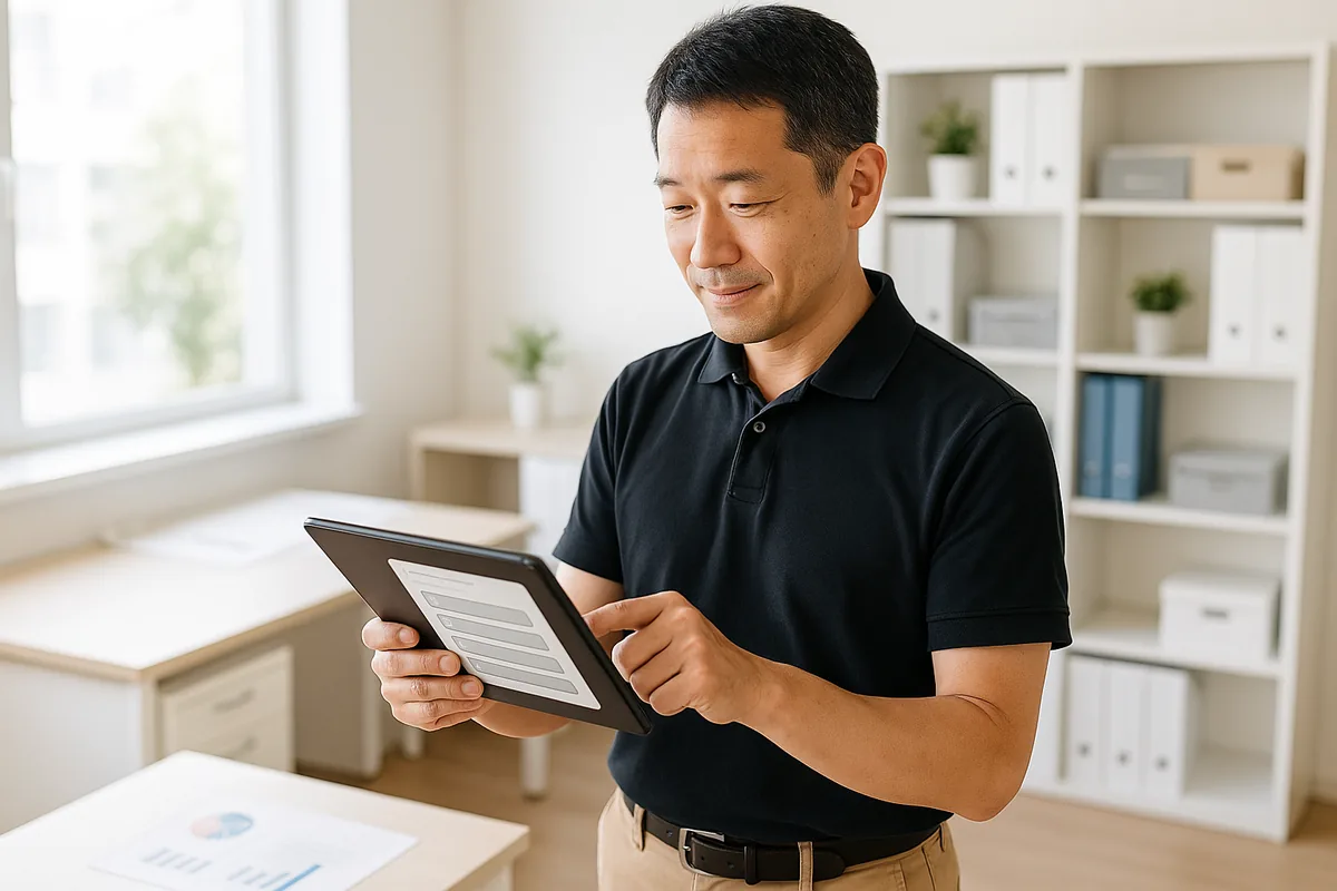 タブレットで確認テストに答える加盟店さま(イメージ)