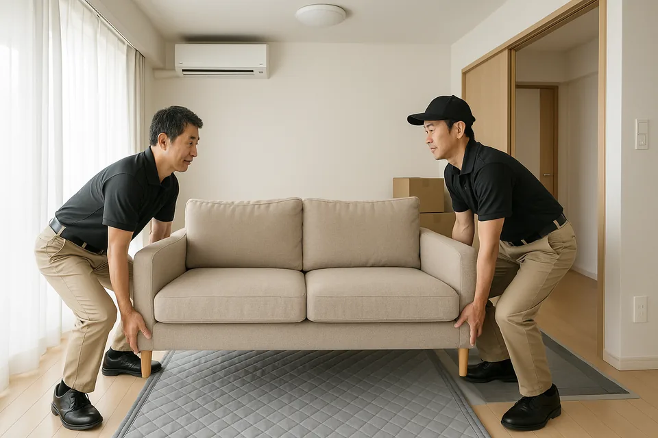 床を養生して大型家具を運ぶスタッフ2名（イメージ）