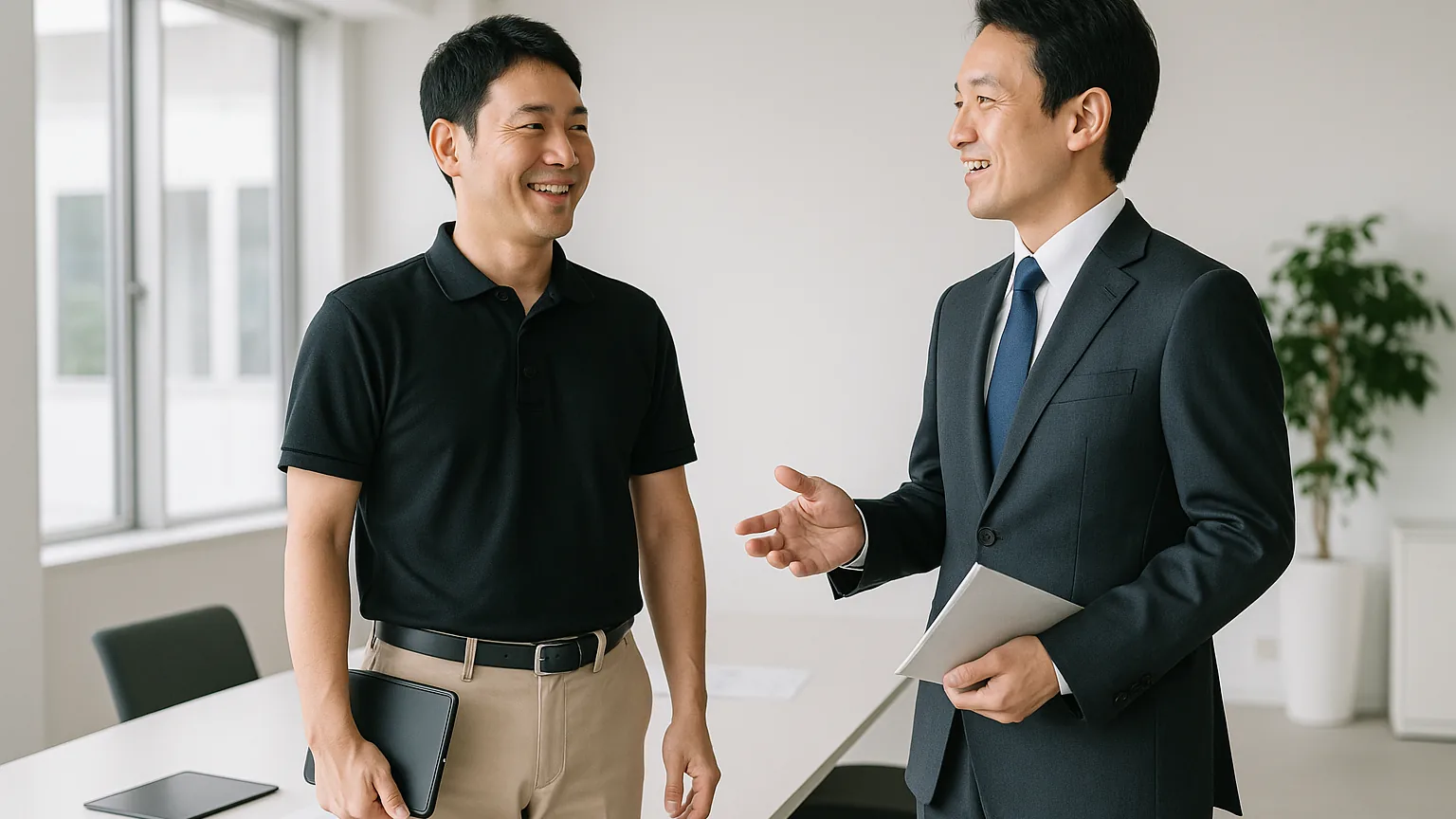 打ち合わせを終えた担当者と事業者様（イメージ）
